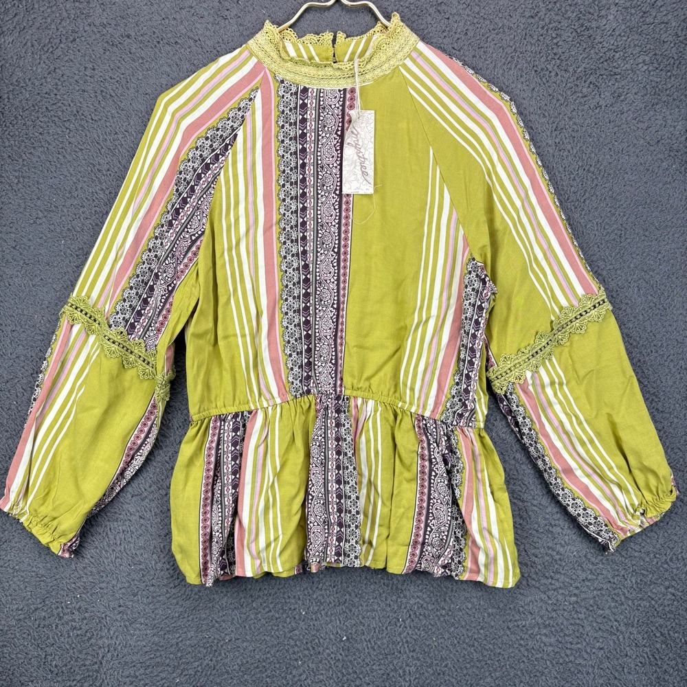 Mystree Womens Olive Green Striped Paisley Boho Peplum Top 18284 Small NWT